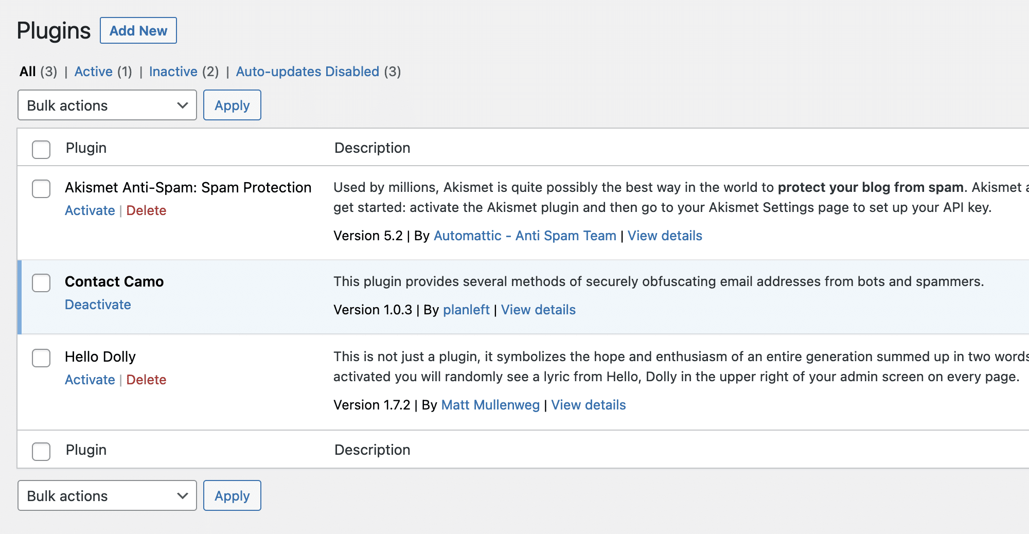 Plugin page from the WordPress Plugin dashboard showing Contact Camo.