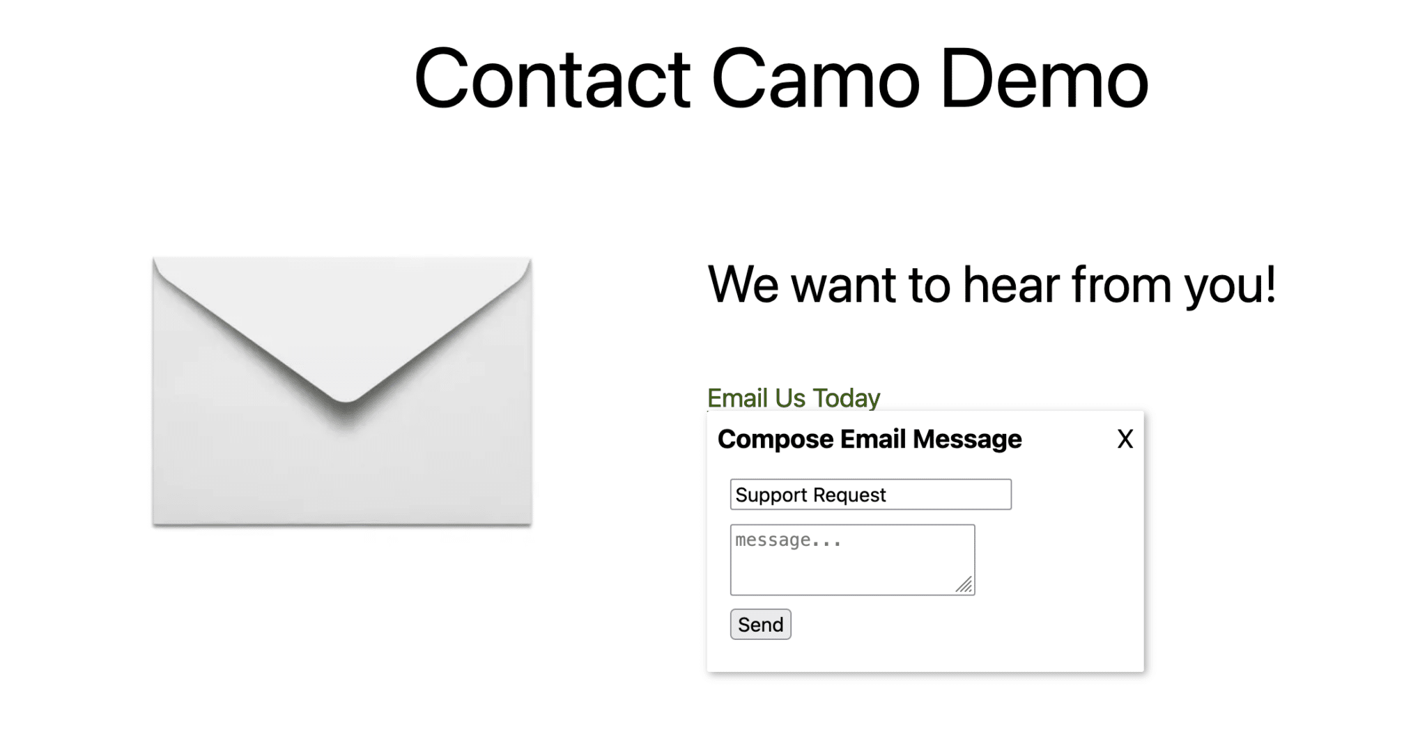 Popup form for the Contact Camo email message.